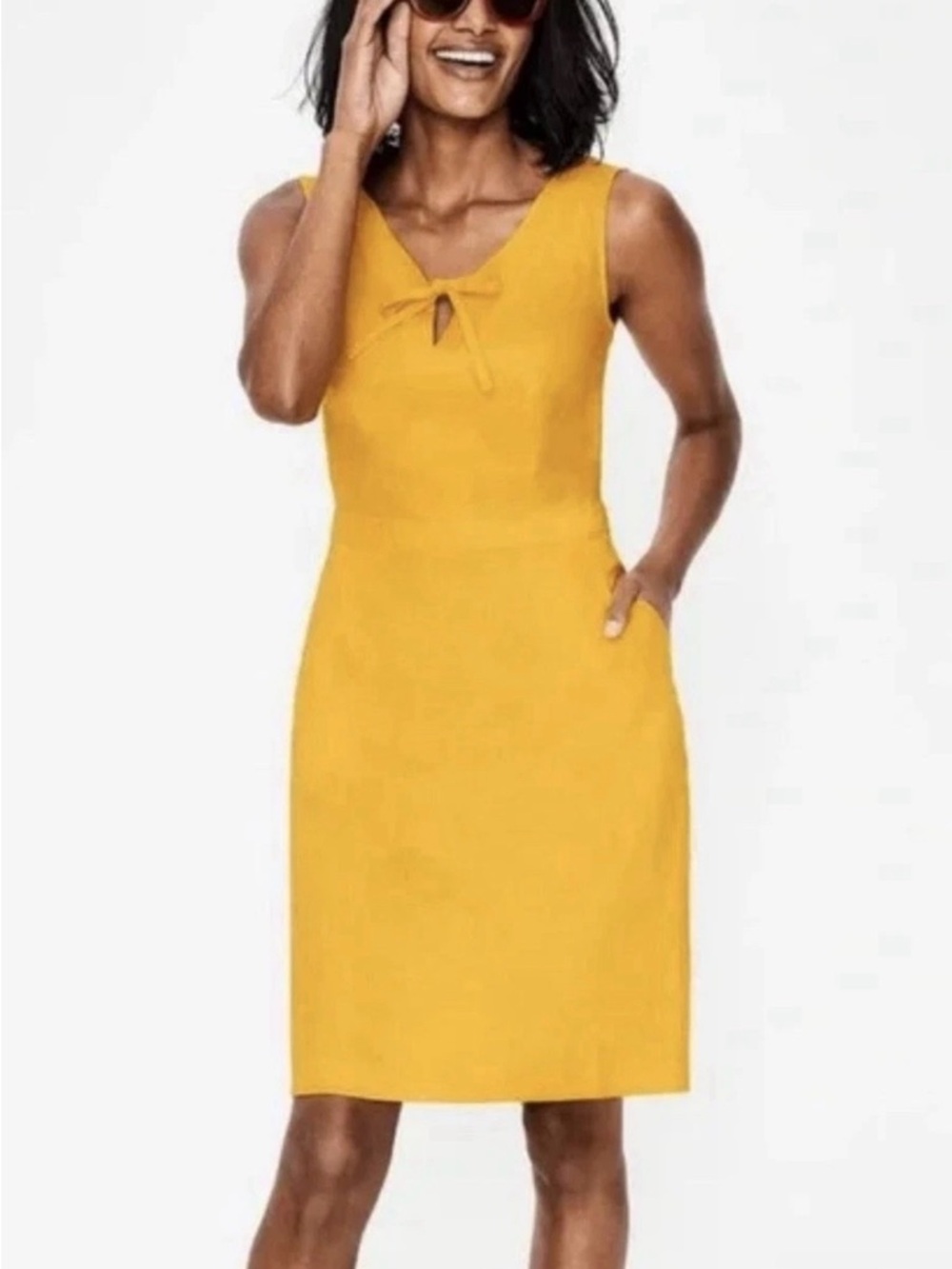 Boden Yellow Midi Dress with Front Keyhole Tie